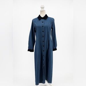 Sophia Rose Vintage Denim Maxi Dress 12 Velvet Trim 90s Western Quiet Luxury